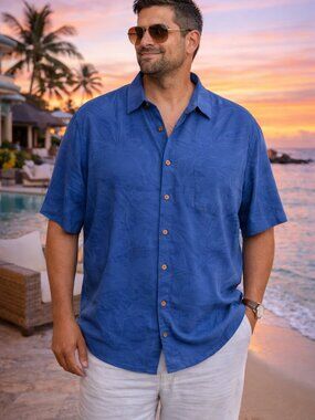 Caribbean BlueTonal Jacquard Short Sleeve Camp Button Down Shirt Resort Wear XLT